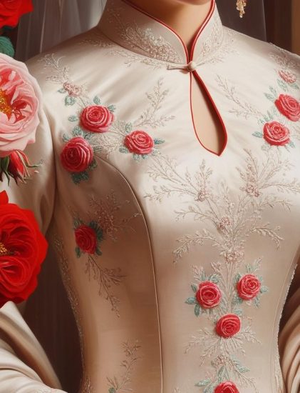 請幫我畫一張 中式新娘禮服結合西式玫瑰花的唯美浪漫圖 (1)