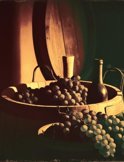 請幫我畫一張有著釀葡萄酒的復古圖